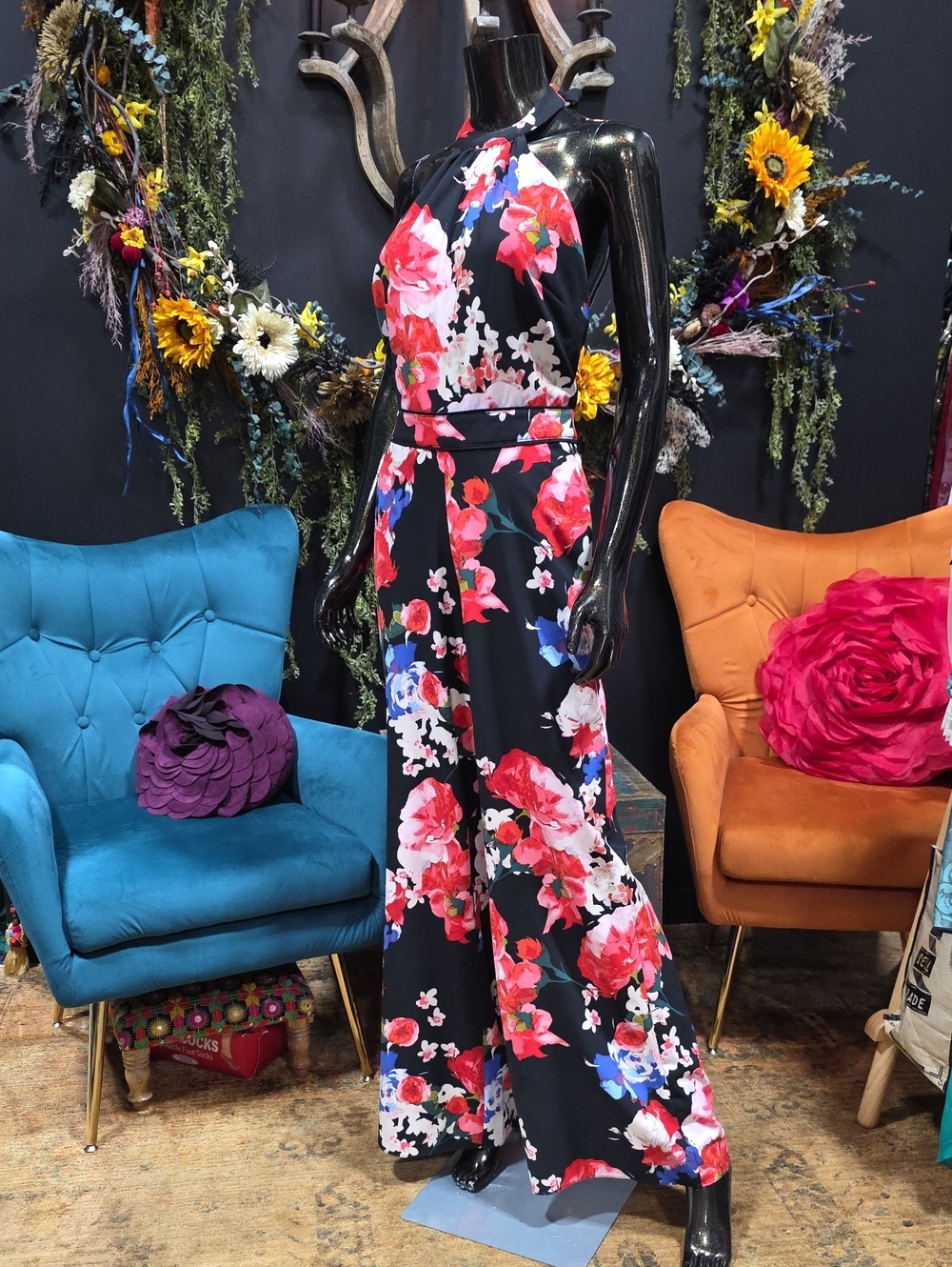 GUESS Black Floral Halter Jumpsuit with Red, Pink and Blue Flowers